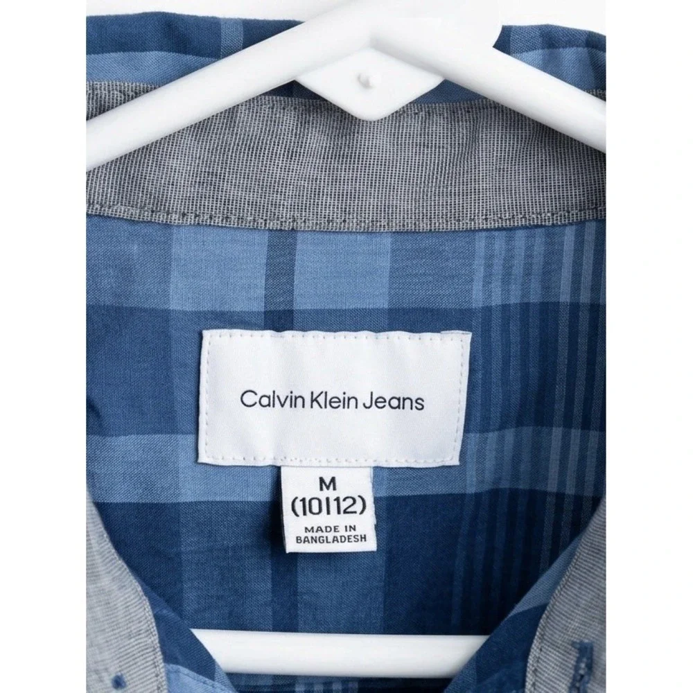 Calvin Klein Jeans Boys Size‎ 10/12 Blue Plaid Long Sleeve Button Down Shirt